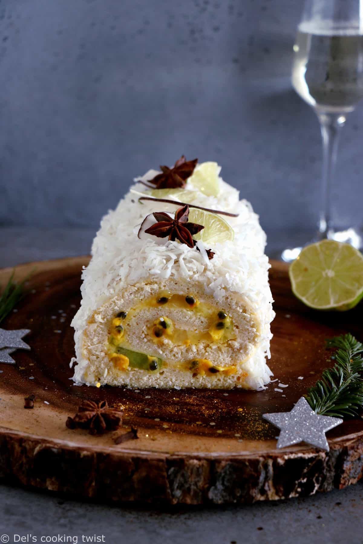 This toasted coconut tropical fruit cake roll is subtle, fruity, and just irresistible. Within a light and fluffy sponge cake, you'll find a delicious mango-lime curd with various tropical fruits.