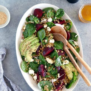 French lentil salad with beets, baby spinach and feta cheese is a nourishing healthy winter salad recipe, naturally gluten-free and easy to make.