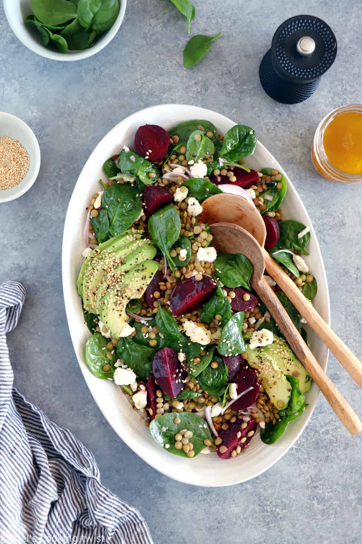 French lentil salad with beets, baby spinach and feta cheese is a nourishing healthy winter salad recipe, naturally gluten-free and easy to make.