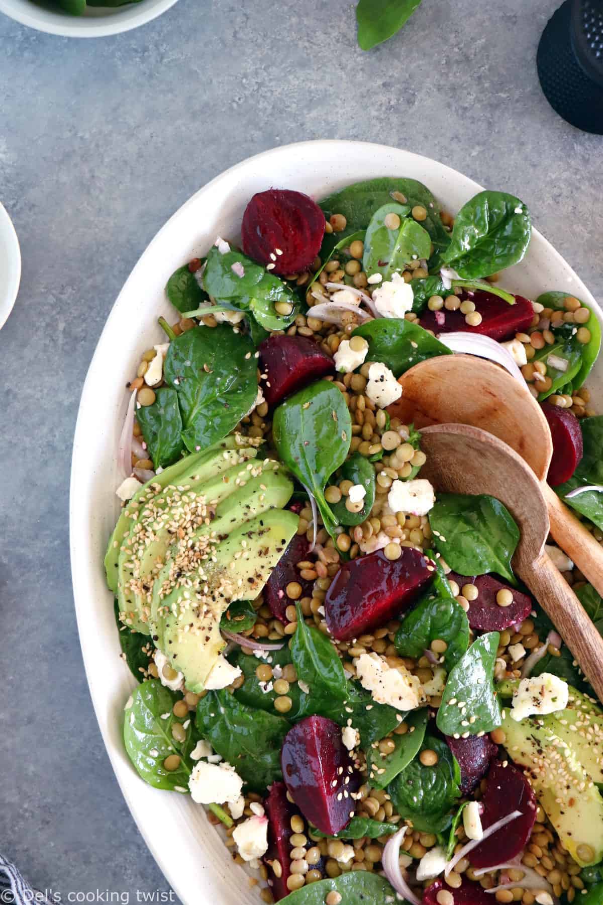 French lentil salad with beets, baby spinach and feta cheese is a nourishing healthy winter salad recipe, naturally gluten-free and easy to make.