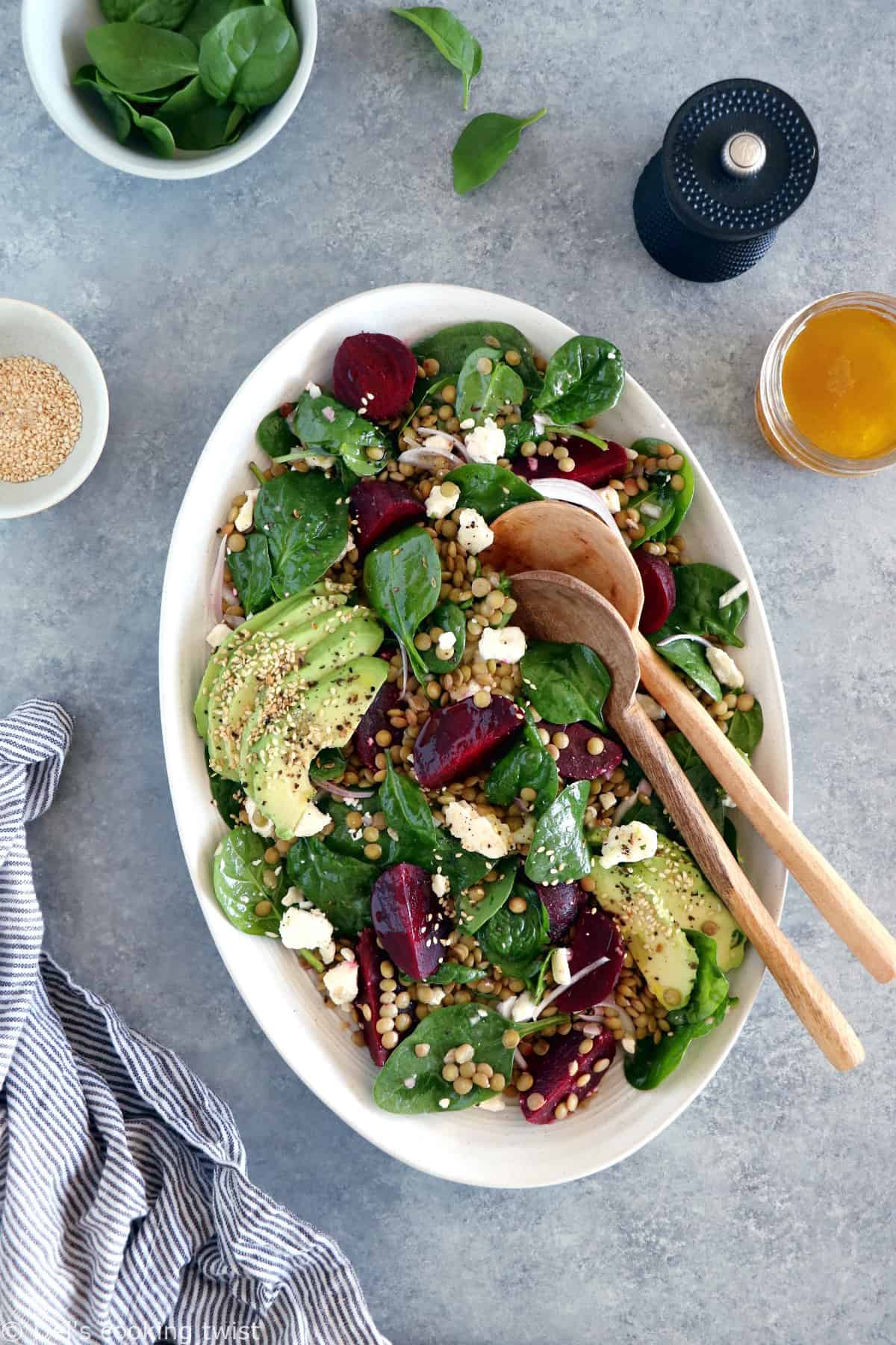 French lentil salad with beets, baby spinach and feta cheese is a nourishing healthy winter salad recipe, naturally gluten-free and easy to make.