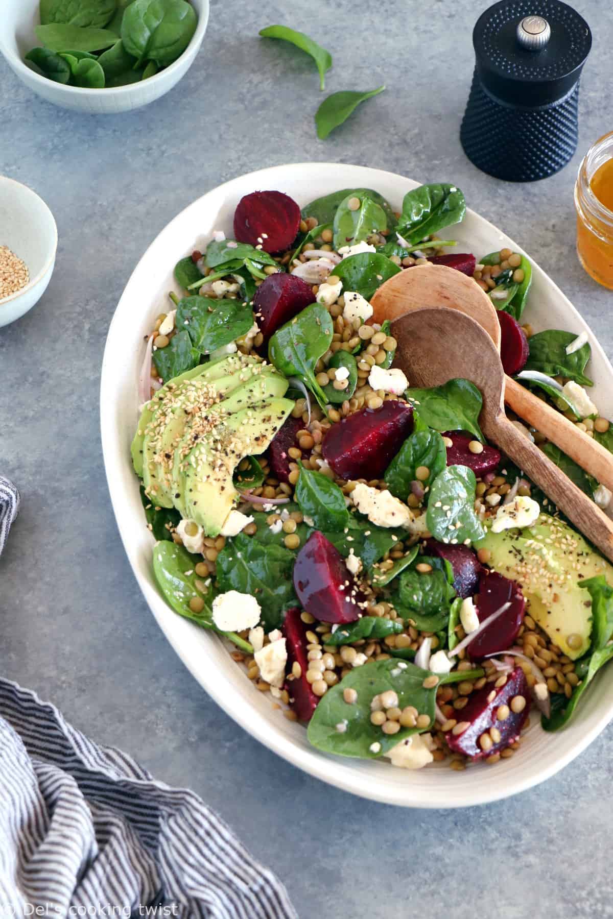 French lentil salad with beets, baby spinach and feta cheese is a nourishing healthy winter salad recipe, naturally gluten-free and easy to make.