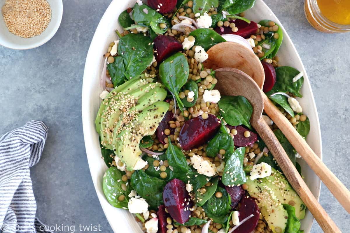 French lentil salad with beets, baby spinach and feta cheese is a nourishing healthy winter salad recipe, naturally gluten-free and easy to make.