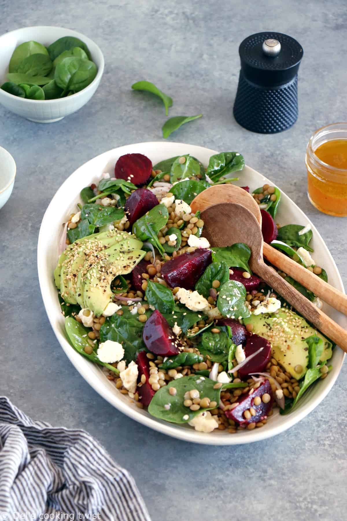 French lentil salad with beets, baby spinach and feta cheese is a nourishing healthy winter salad recipe, naturally gluten-free and easy to make.