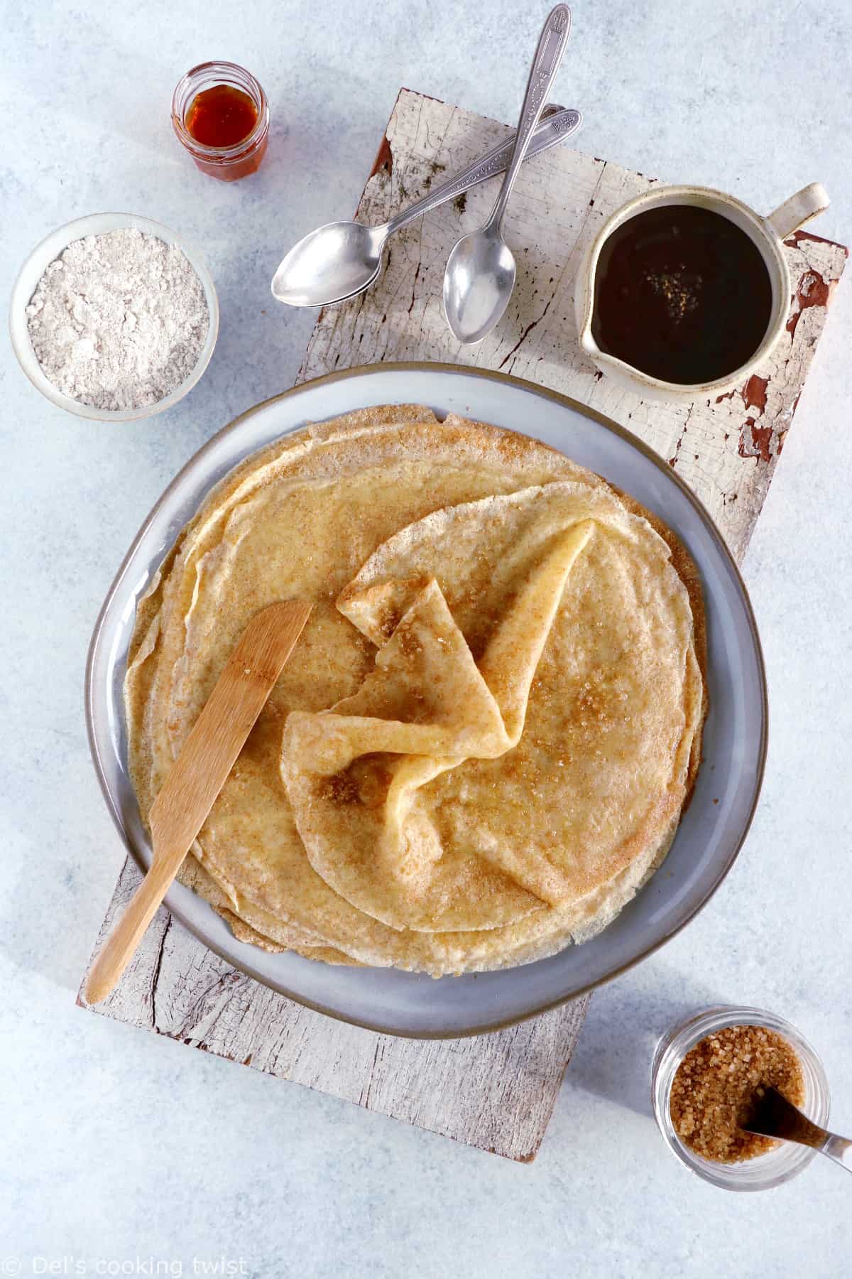 Spelt flour crepes are easy to make, with a perfect thin, light and supple texture and a mild, nutty flavor.