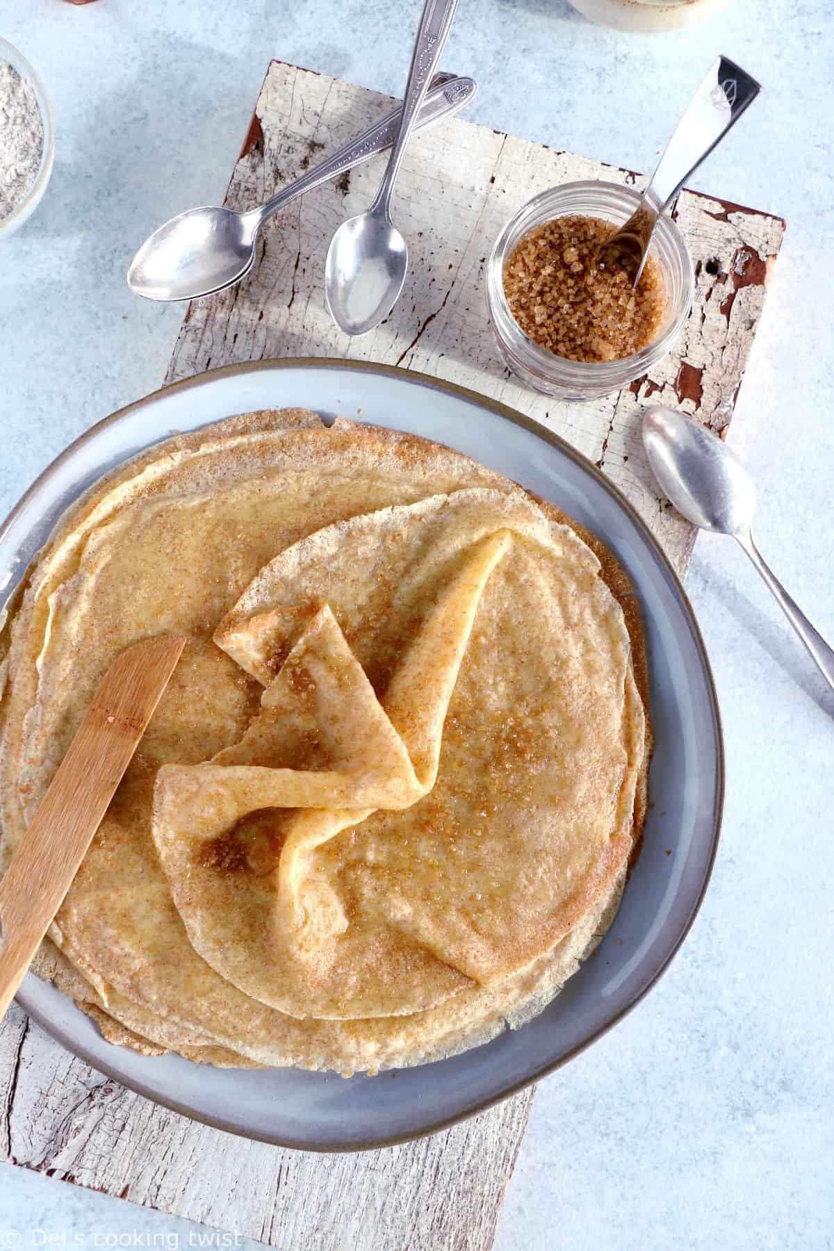 Spelt flour crepes are easy to make, with a perfect thin, light and supple texture and a mild, nutty flavor.