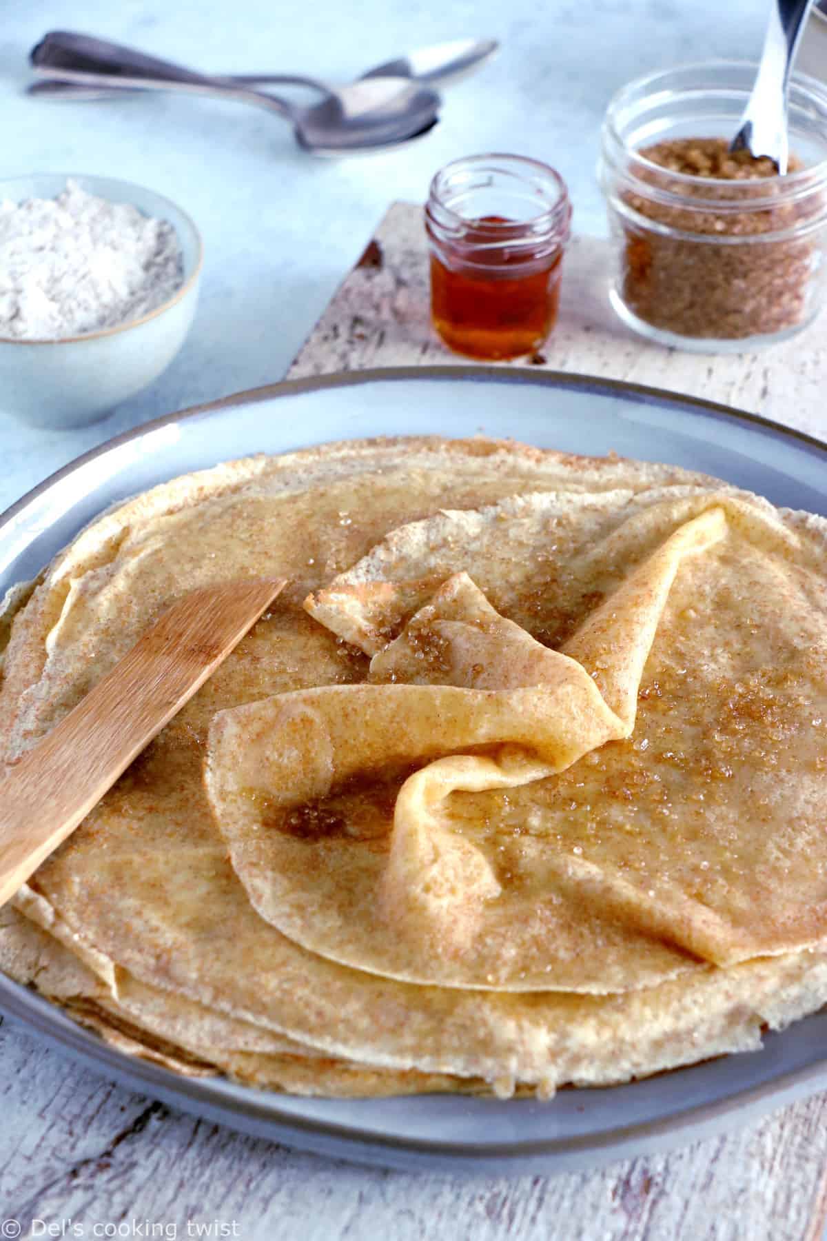 Spelt flour crepes are easy to make, with a perfect thin, light and supple texture and a mild, nutty flavor.