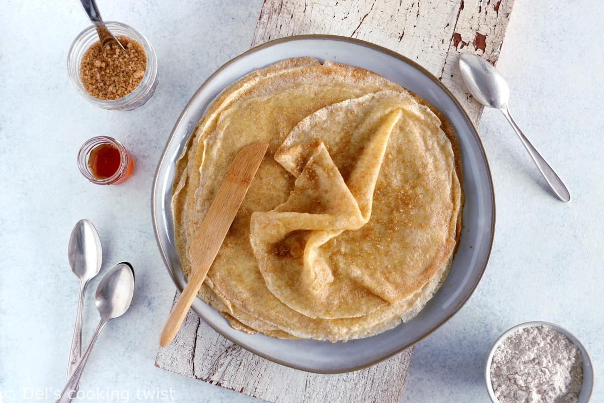 Spelt flour crepes are easy to make, with a perfect thin, light and supple texture and a mild, nutty flavor.