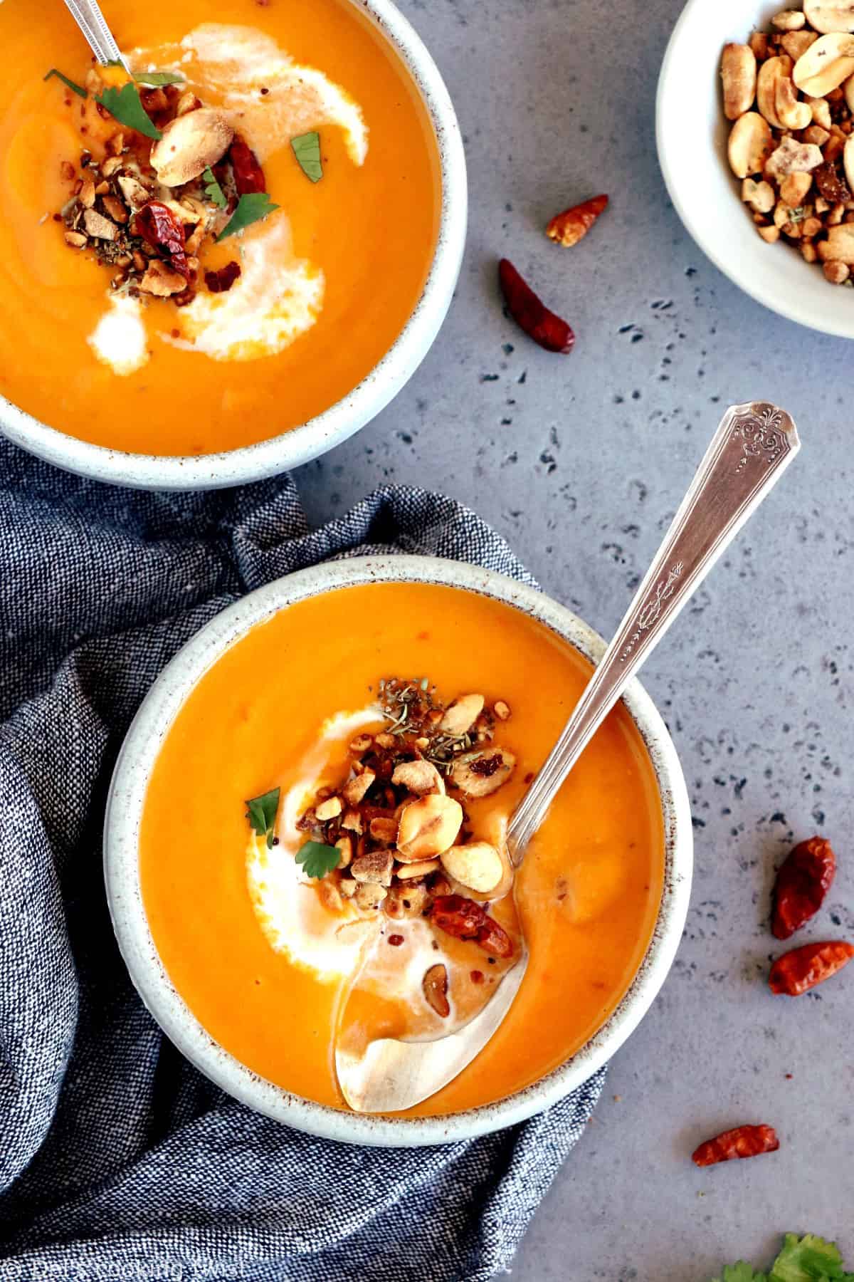 This easy Thai sweet potato soup with red curry is spicy, fragrant and packed with comforting flavors that makes it perfect for a cold night.