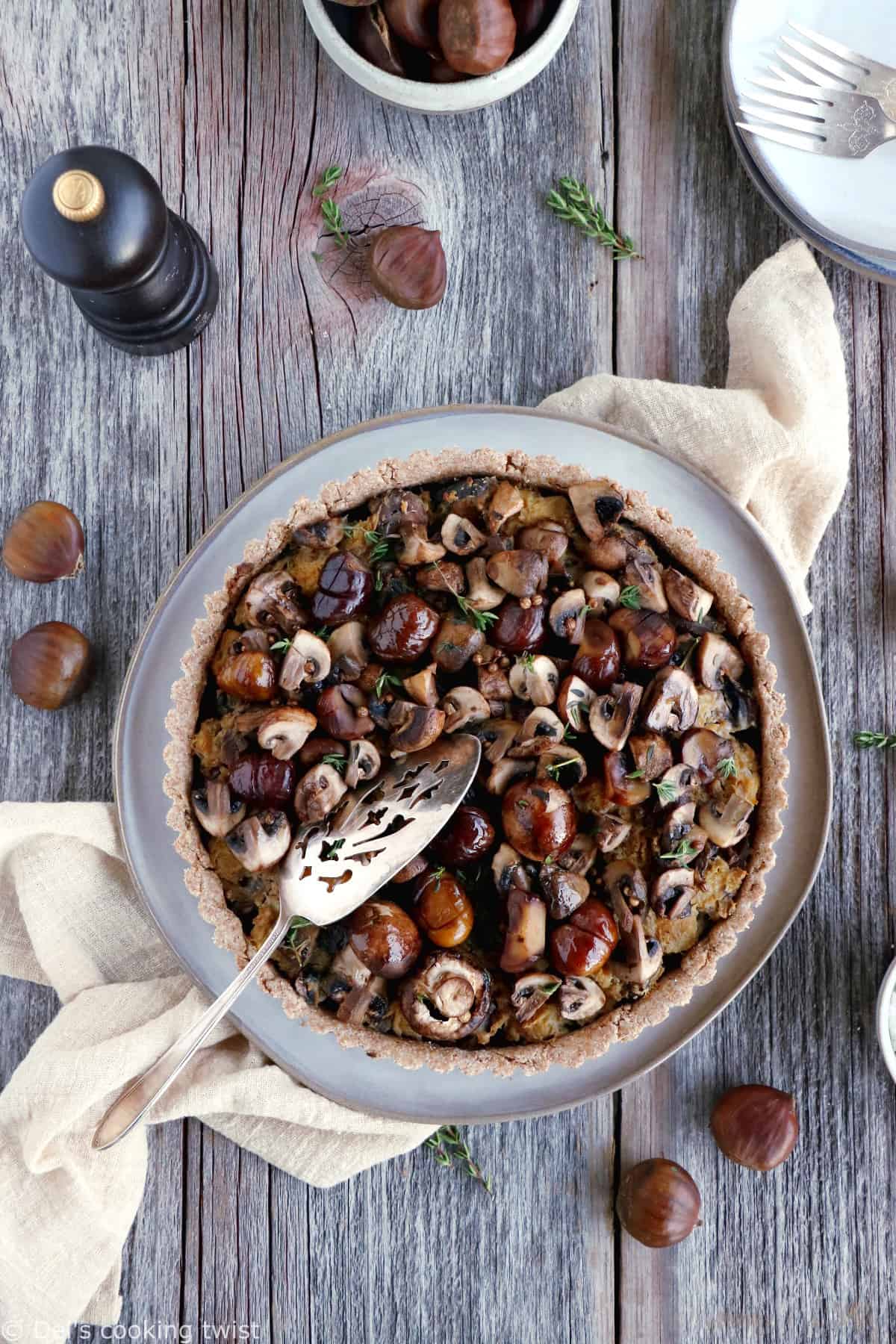 Chestnut, leek and mushroom tart with coriander seeds is prepared with my favorite whole wheat pie crust.