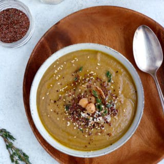 Grandma's nourishing lentil soup with roasted vegetables and all-spice is hearty, healthy, and packed with plant-based protein.