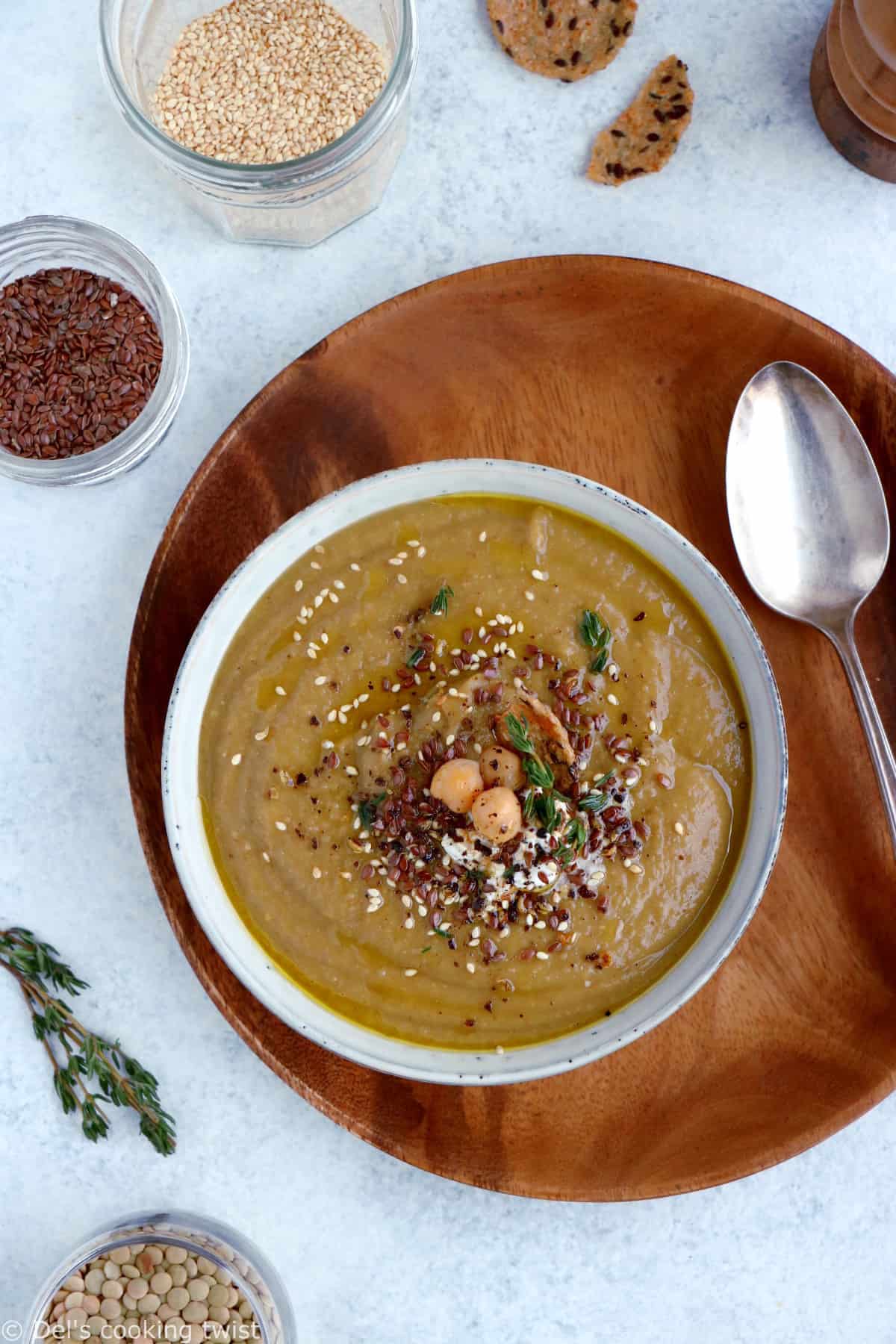 Grandma's nourishing lentil soup with roasted vegetables and all-spice is hearty, healthy, and packed with plant-based protein.