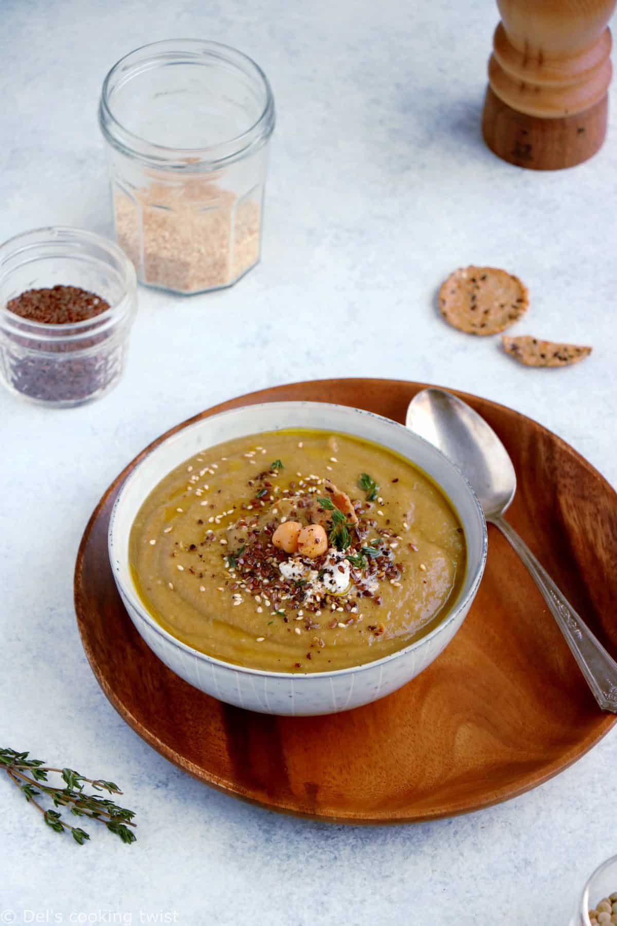 Grandma's nourishing lentil soup with roasted vegetables and all-spice is hearty, healthy, and packed with plant-based protein.