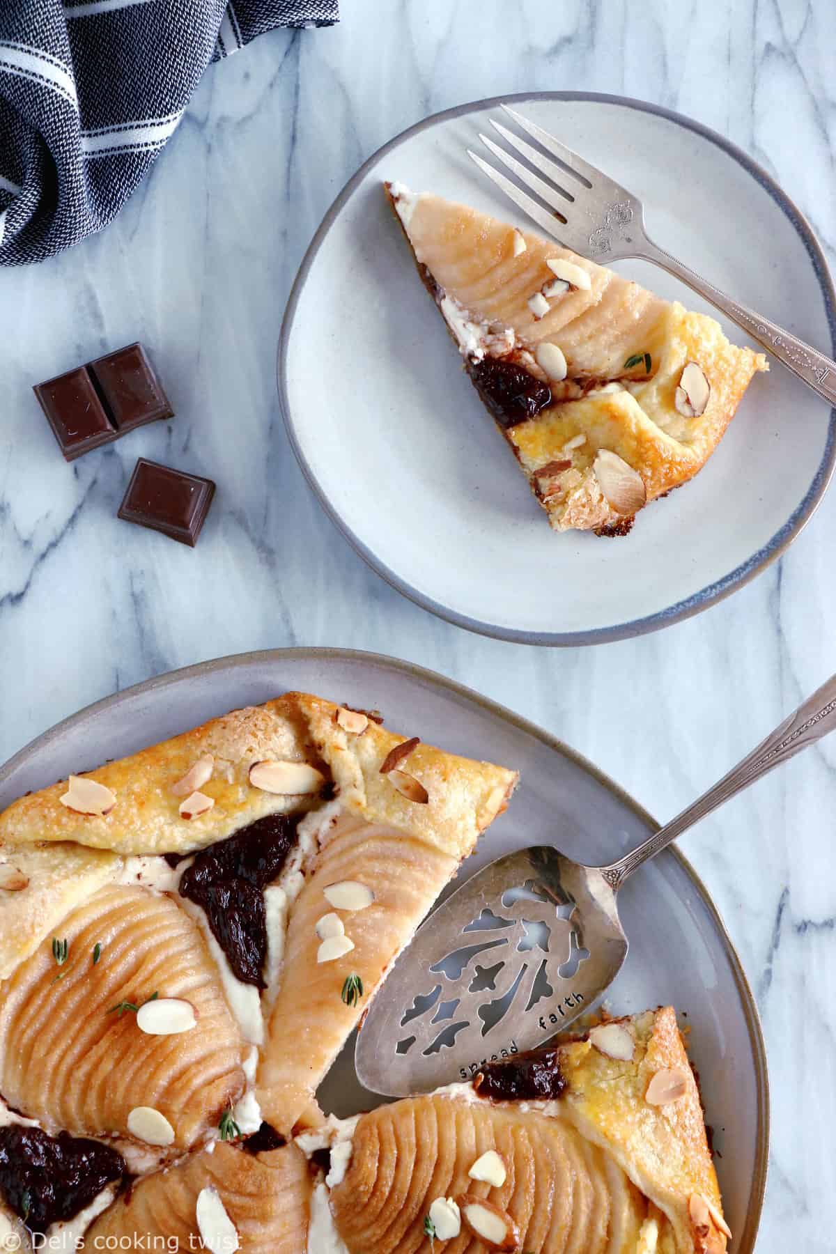 This rustic but elegant pear and chocolate ricotta galette comes in a folded-over flaky pie crust and makes for a lovely fruit dessert for lazy days.
