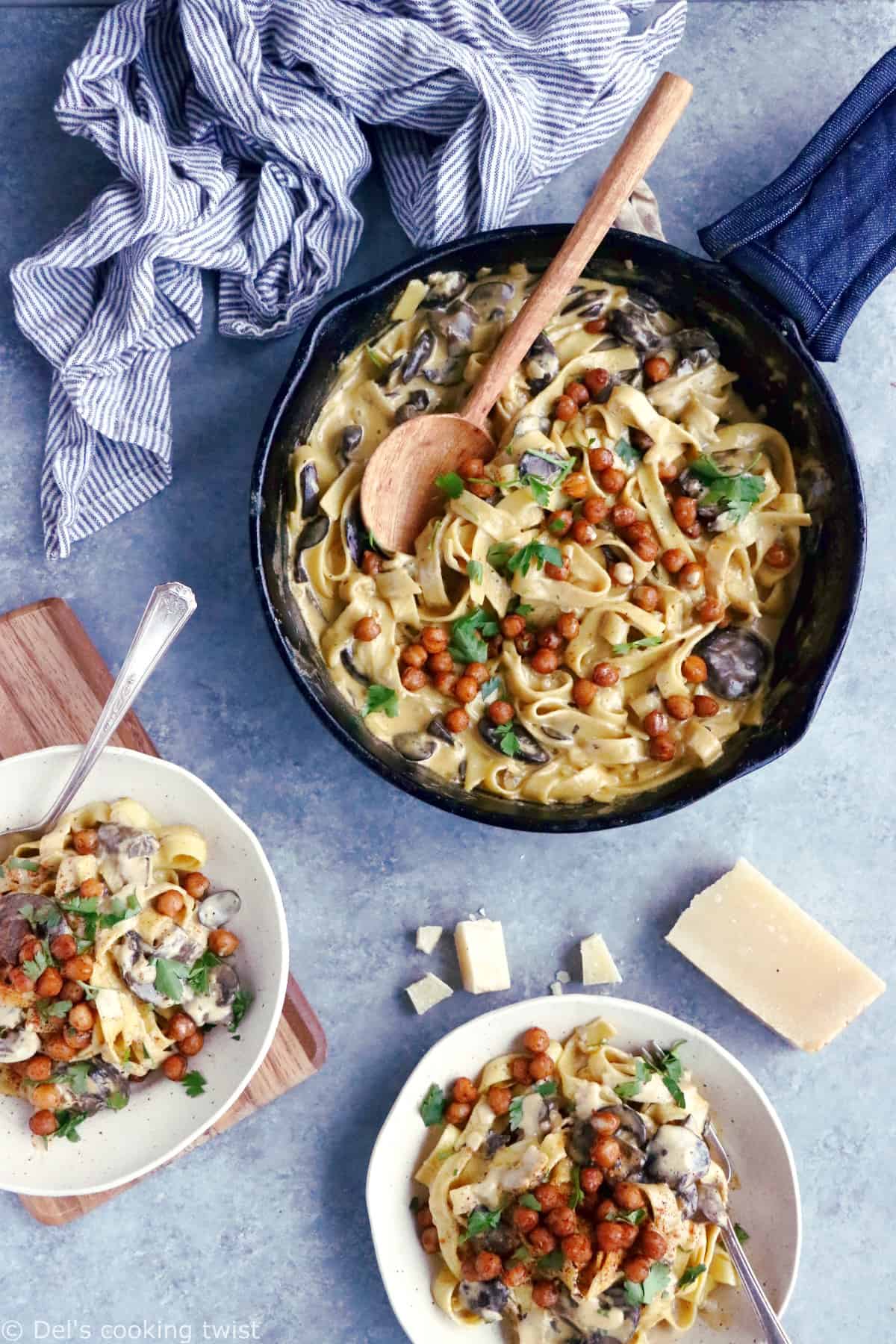 This quick everyday pasta dish features a deliciously creamy mushroom sauce and some crispy spiced chickpeas. An easy family-friendly vegetarian meal everyone loves!