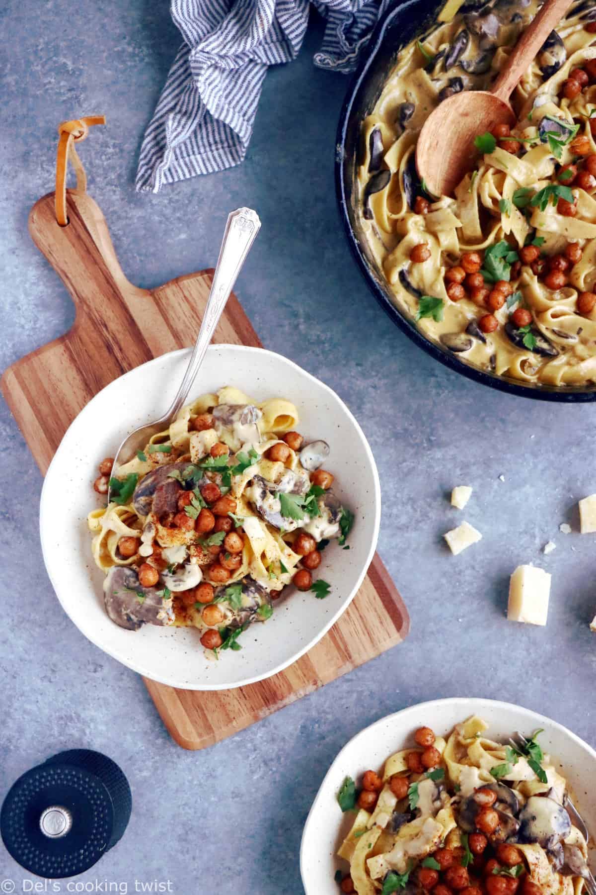 This quick everyday pasta dish features a deliciously creamy mushroom sauce and some crispy spiced chickpeas. An easy family-friendly vegetarian meal everyone loves!