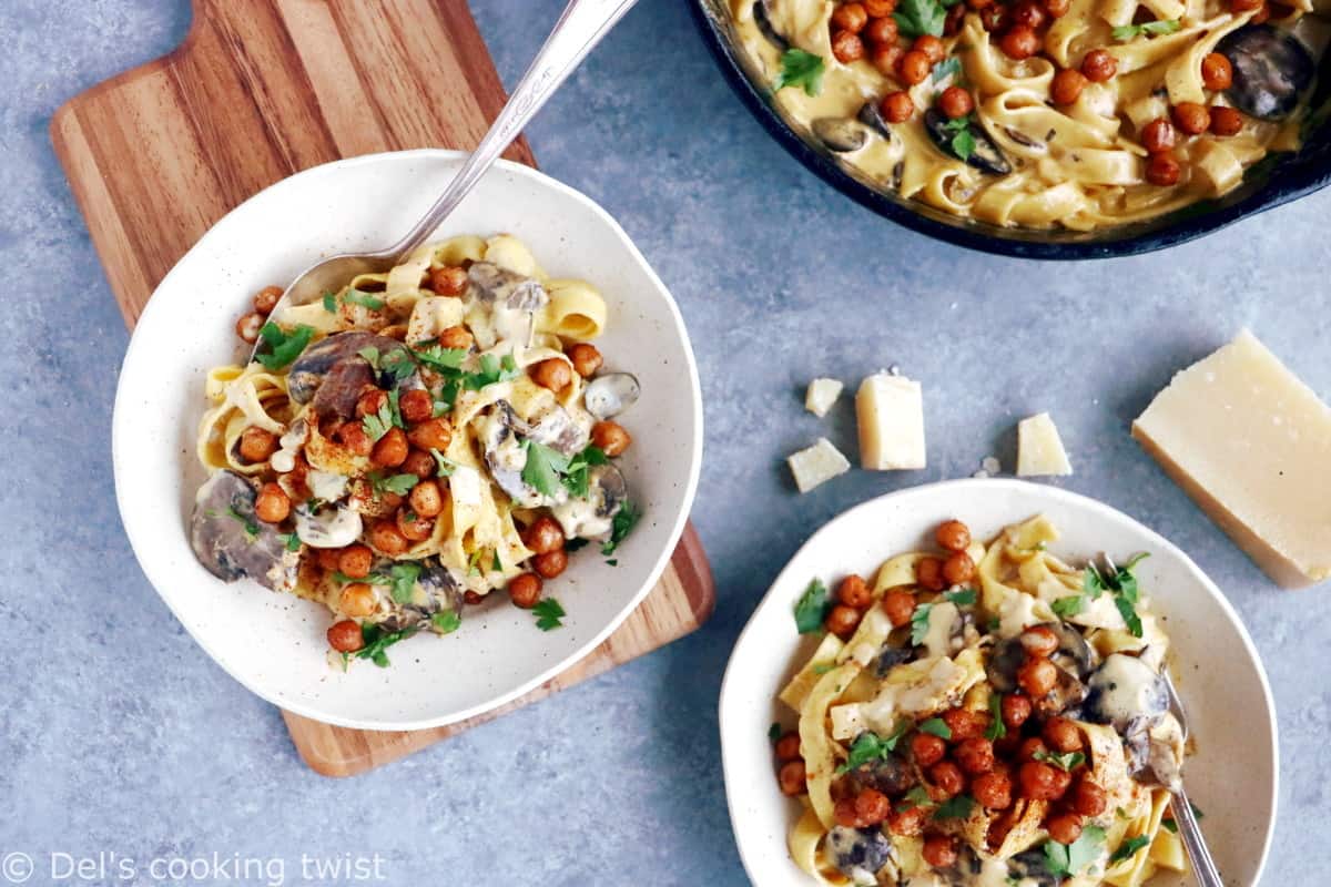 This quick everyday pasta dish features a deliciously creamy mushroom sauce and some crispy spiced chickpeas. An easy family-friendly vegetarian meal everyone loves!