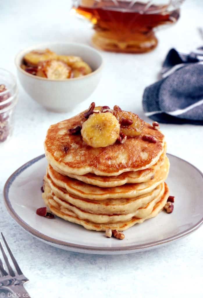 This easy fluffy banana pancake recipe yields generous, light, and airy pancakes, loaded with banana bread flavor.