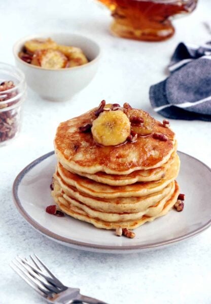 This easy fluffy banana pancake recipe yields generous, light, and airy pancakes, loaded with banana bread flavor.