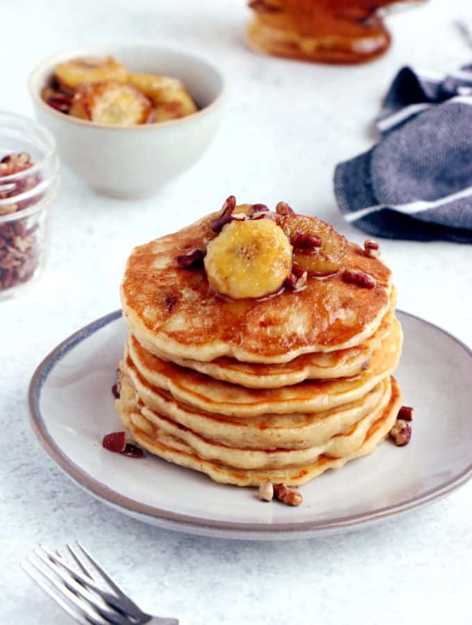 This easy fluffy banana pancake recipe yields generous, light, and airy pancakes, loaded with banana bread flavor.