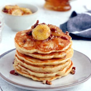 This easy fluffy banana pancake recipe yields generous, light, and airy pancakes, loaded with banana bread flavor.