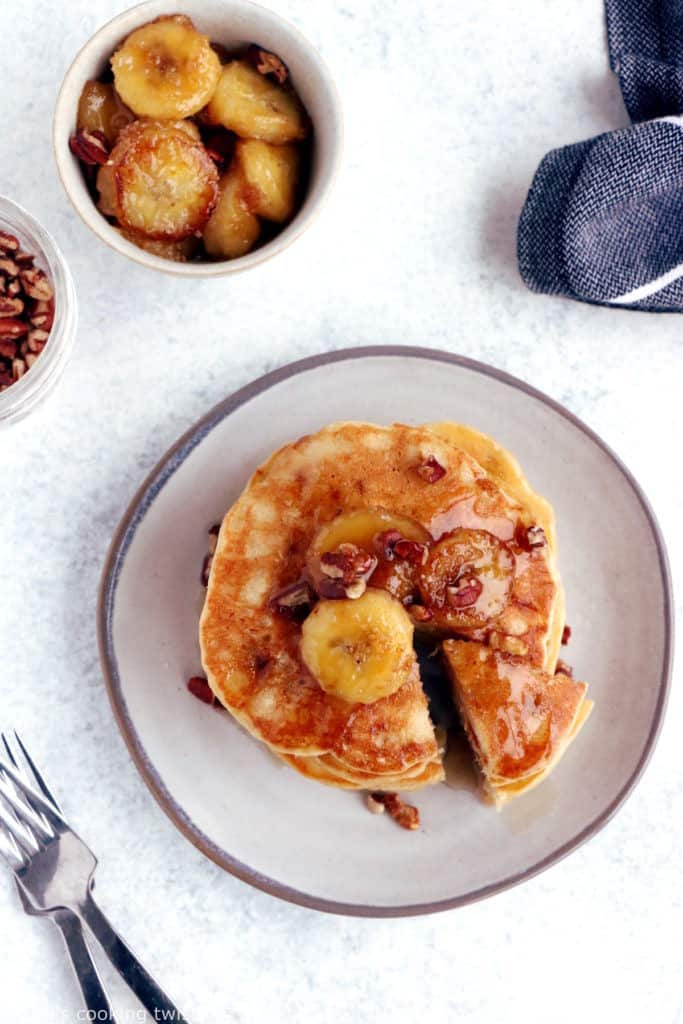 This easy fluffy banana pancake recipe yields generous, light, and airy pancakes, loaded with banana bread flavor.