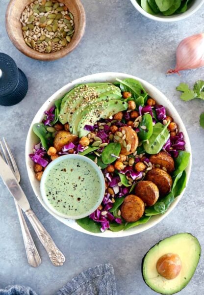 This nourishing buddha bowl recipe with green tahini sauce makes for a healthy, well-balanced meal, naturally vegan and gluten-free.