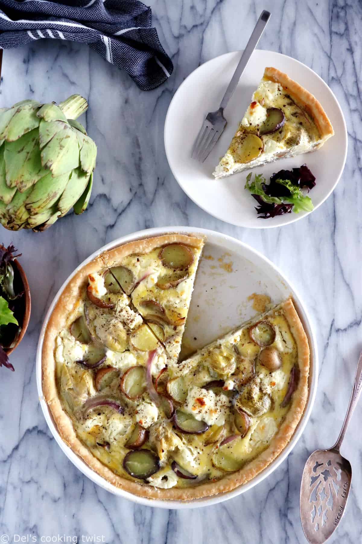 This potato, goat cheese and artichoke quiche is pretty much straight-forward. It features simple but delicious garden vegetables combined with creamy, cheesy flavors, on top of an easy olive pie crust.