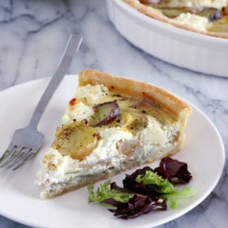 This potato, goat cheese and artichoke quiche is pretty much straight-forward. It features simple but delicious garden vegetables combined with creamy, cheesy flavors, on top of an easy olive pie crust.