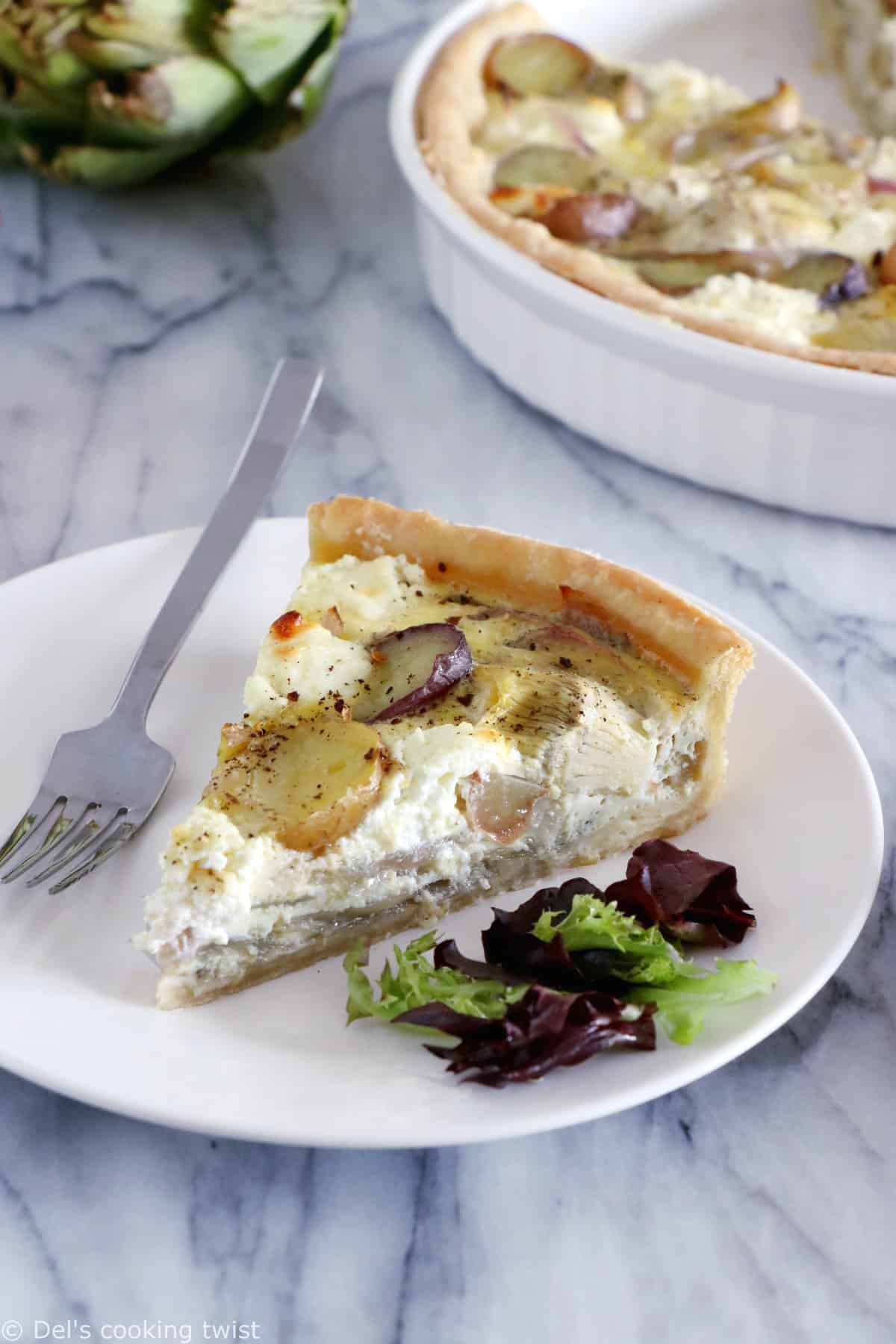 This potato, goat cheese and artichoke quiche is pretty much straight-forward. It features simple but delicious garden vegetables combined with creamy, cheesy flavors, on top of an easy olive pie crust.