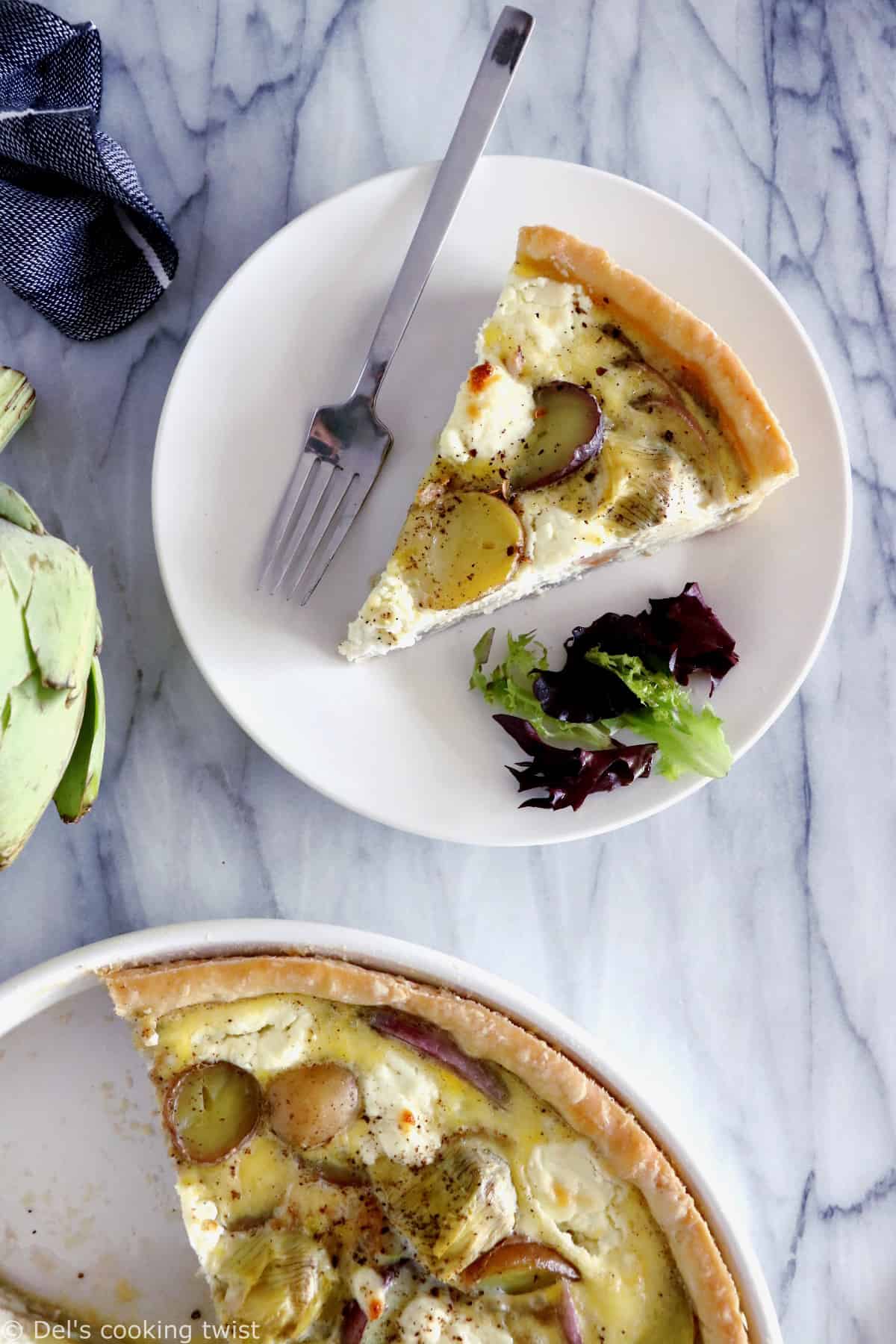 This potato, goat cheese and artichoke quiche is pretty much straight-forward. It features simple but delicious garden vegetables combined with creamy, cheesy flavors, on top of an easy olive pie crust.