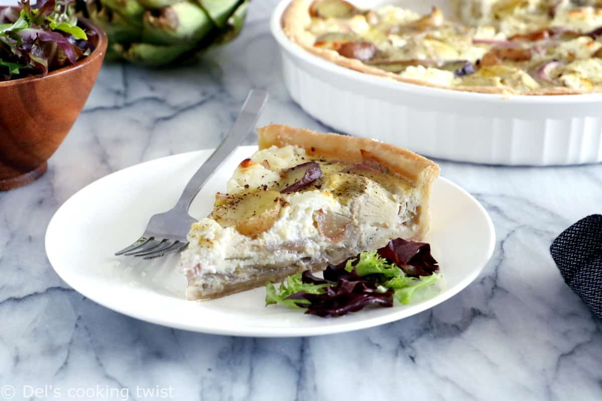 This potato, goat cheese and artichoke quiche is pretty much straight-forward. It features simple but delicious garden vegetables combined with creamy, cheesy flavors, on top of an easy olive pie crust.