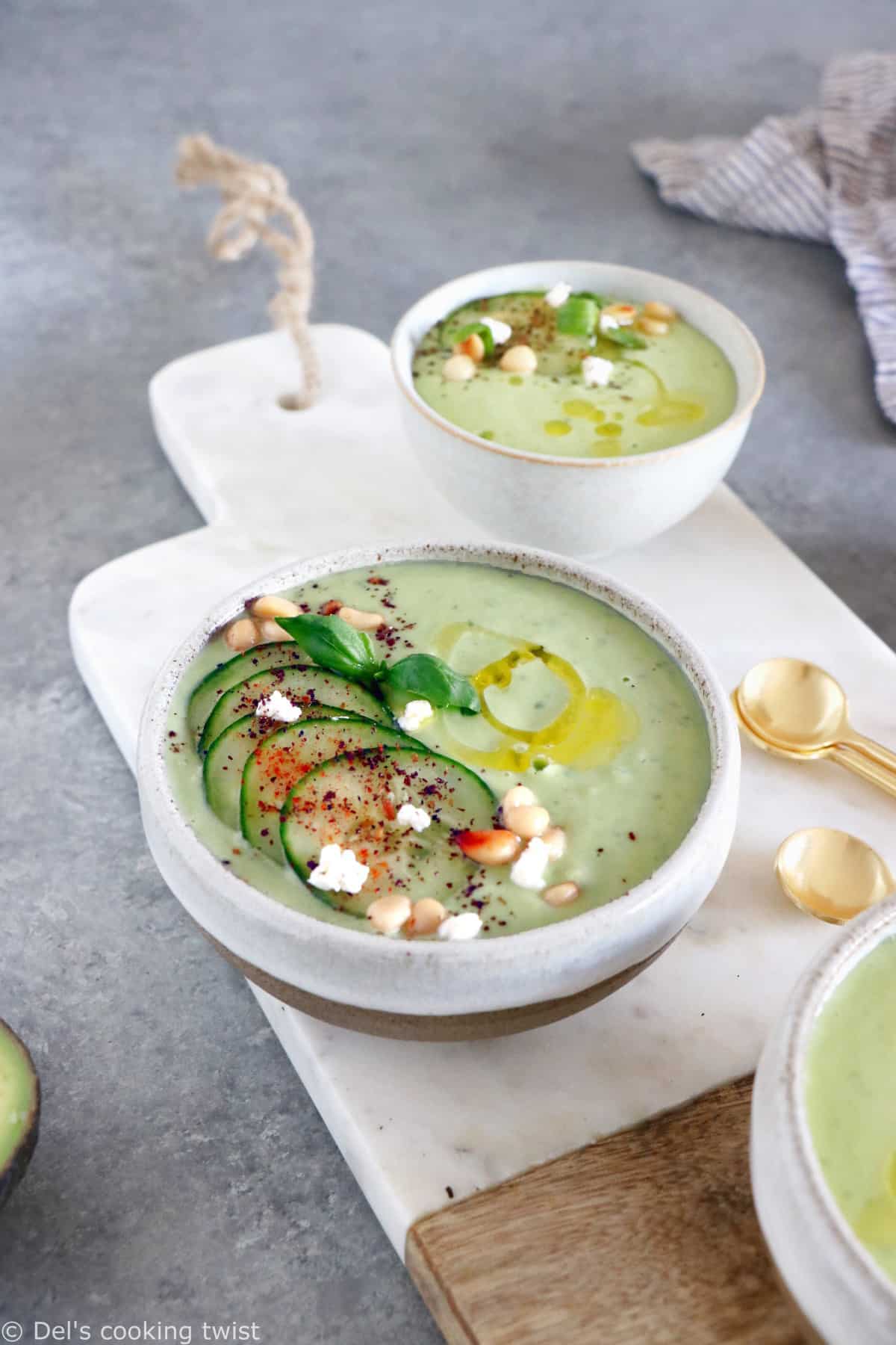 This chilled cucumber avocado gazpacho with goat cheese is an easy cold summer soup.