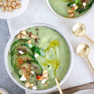 This chilled cucumber avocado gazpacho with goat cheese is an easy cold summer soup.