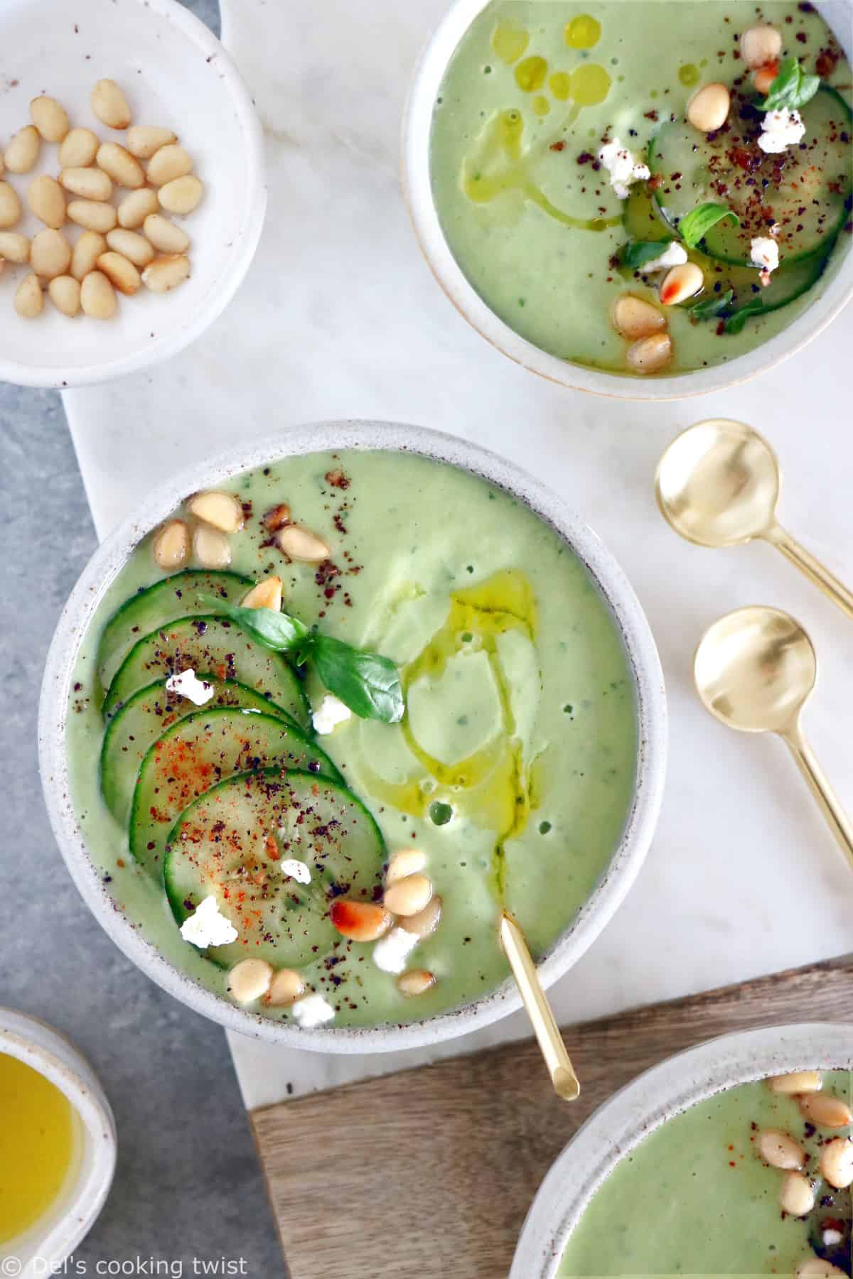 This chilled cucumber avocado gazpacho with goat cheese is an easy cold summer soup.