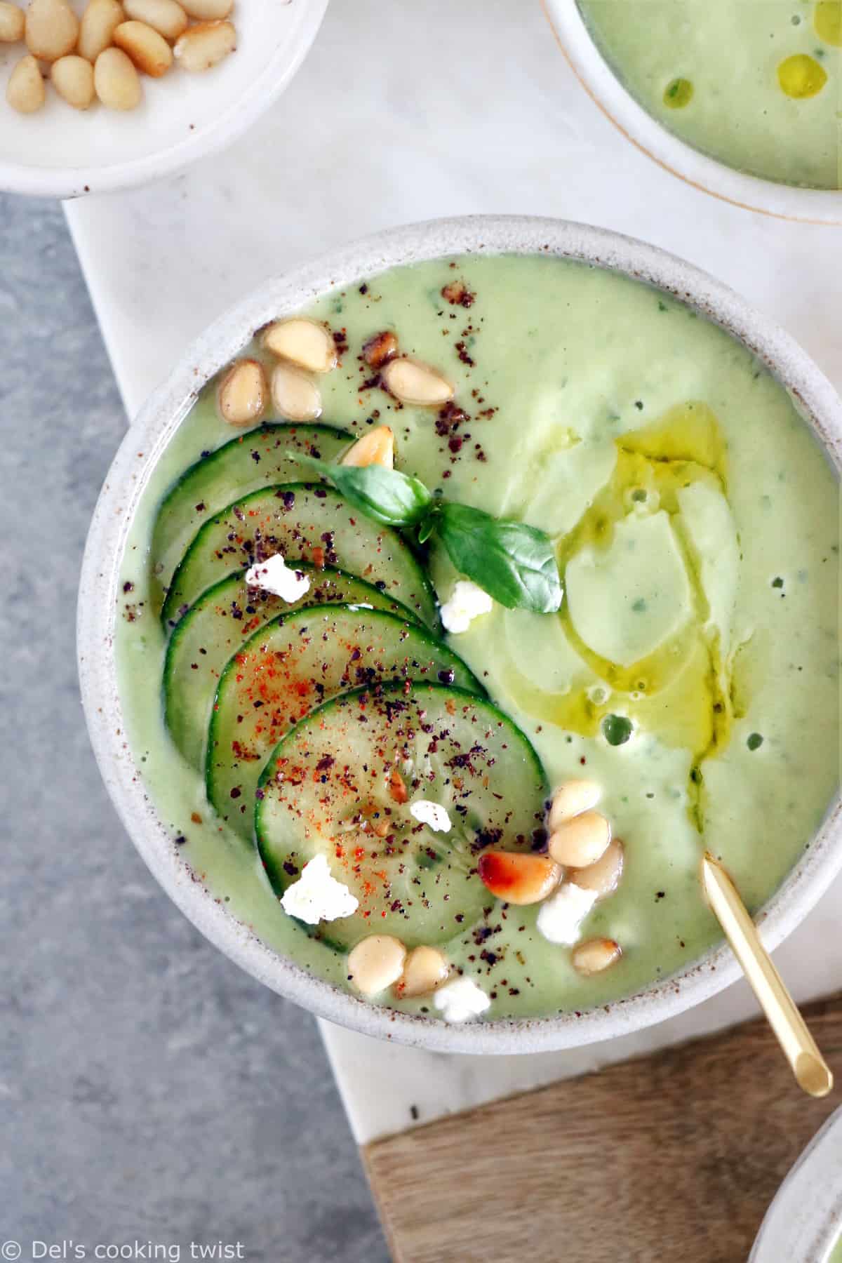 This chilled cucumber avocado gazpacho with goat cheese is an easy cold summer soup.