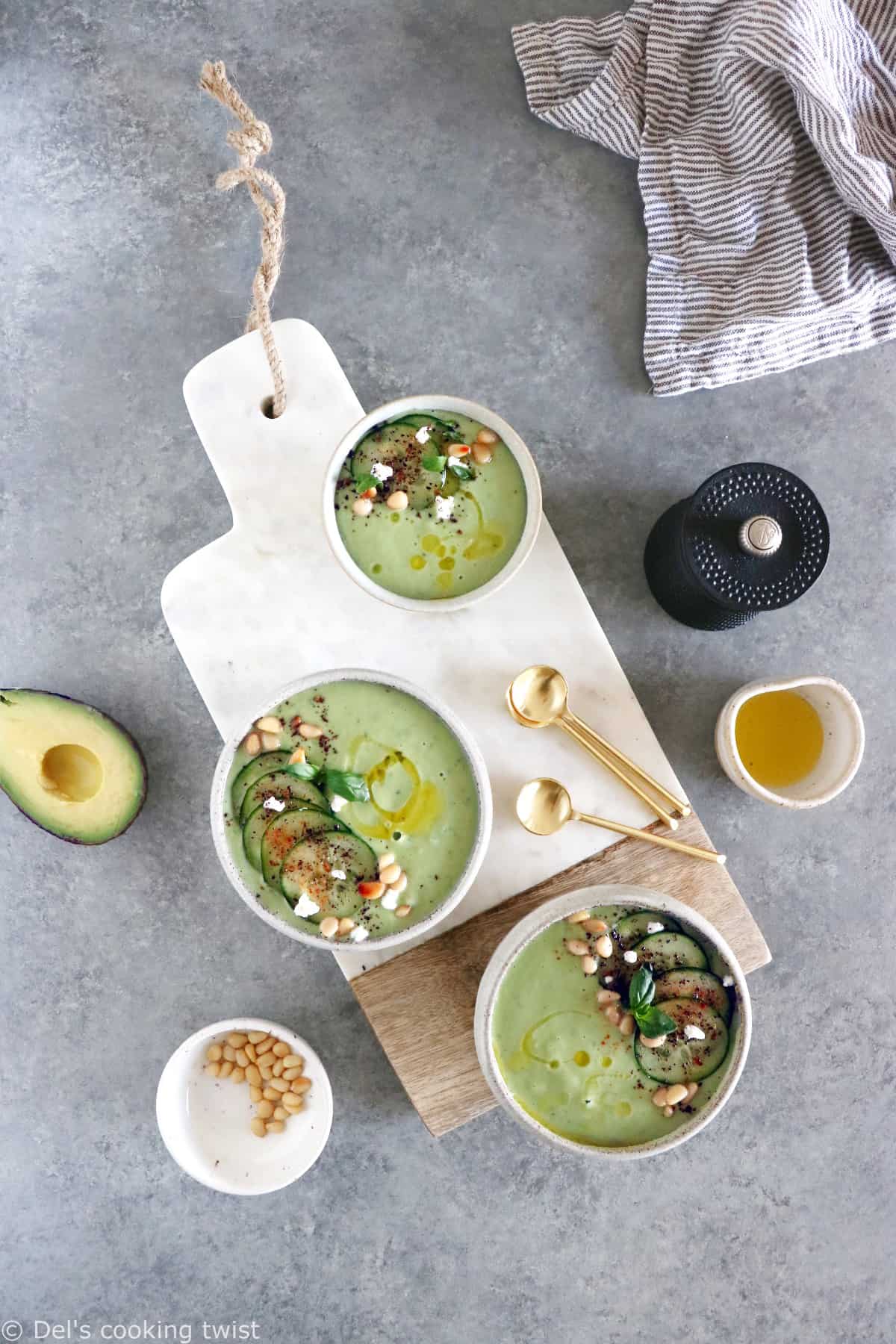 This chilled cucumber avocado gazpacho with goat cheese is an easy cold summer soup.