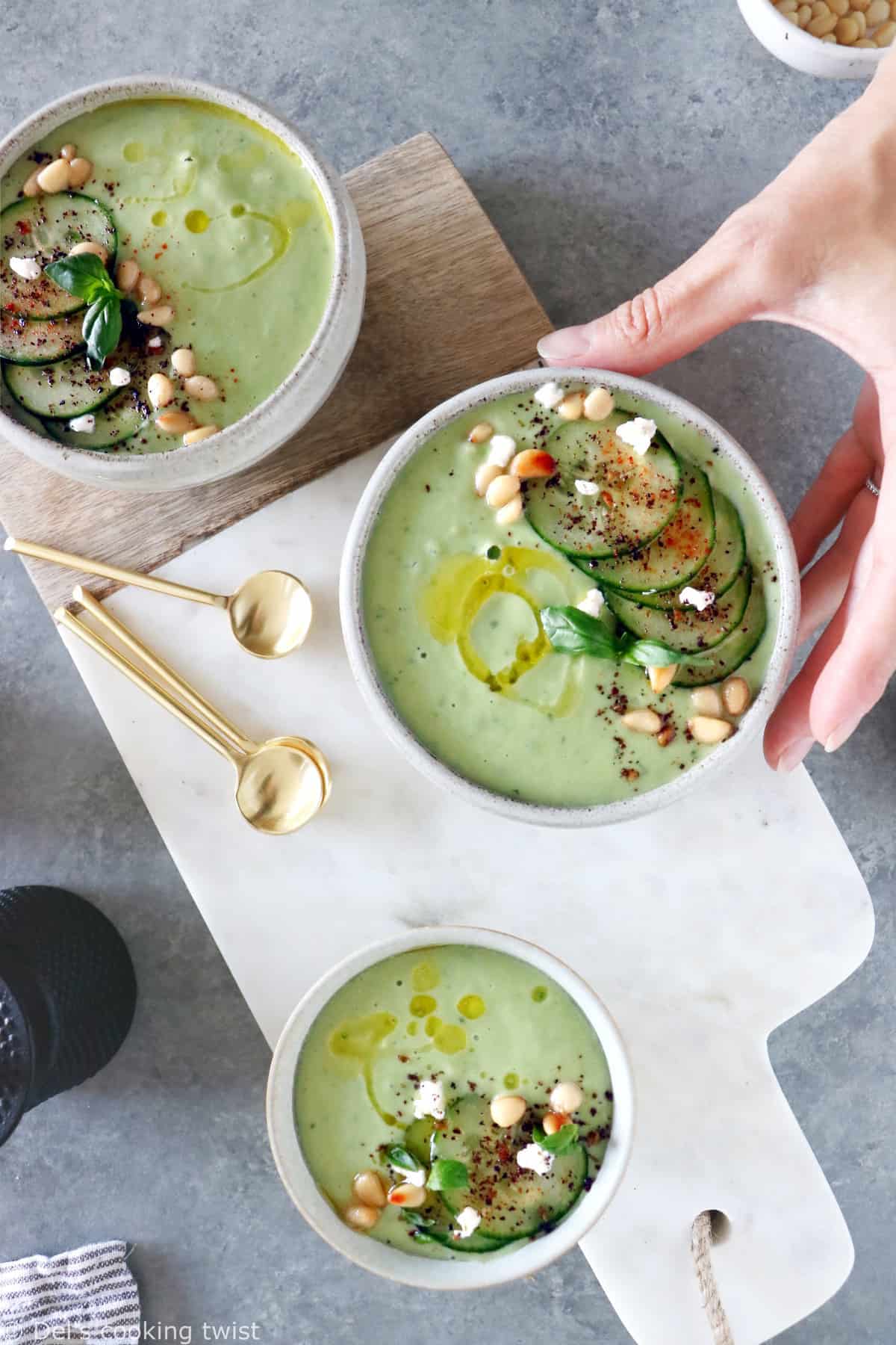 This chilled cucumber avocado gazpacho with goat cheese is an easy cold summer soup.