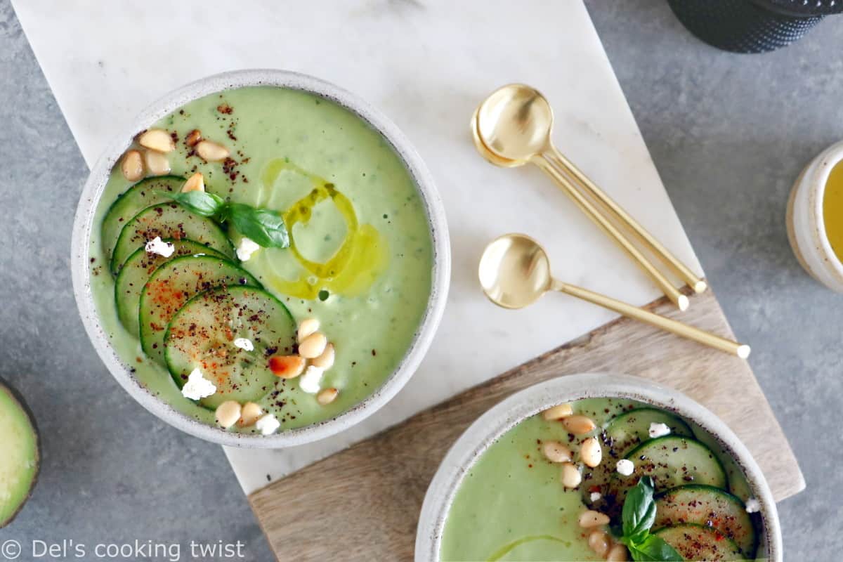 This chilled cucumber avocado gazpacho with goat cheese is an easy cold summer soup.