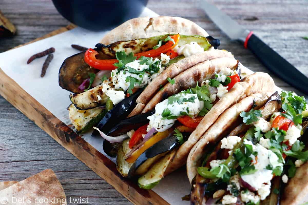 These Grilled Veggie Gyros with Feta-Yogurt Dip are a quick vegetarian version of the popular Greek sandwich made with pita bread.