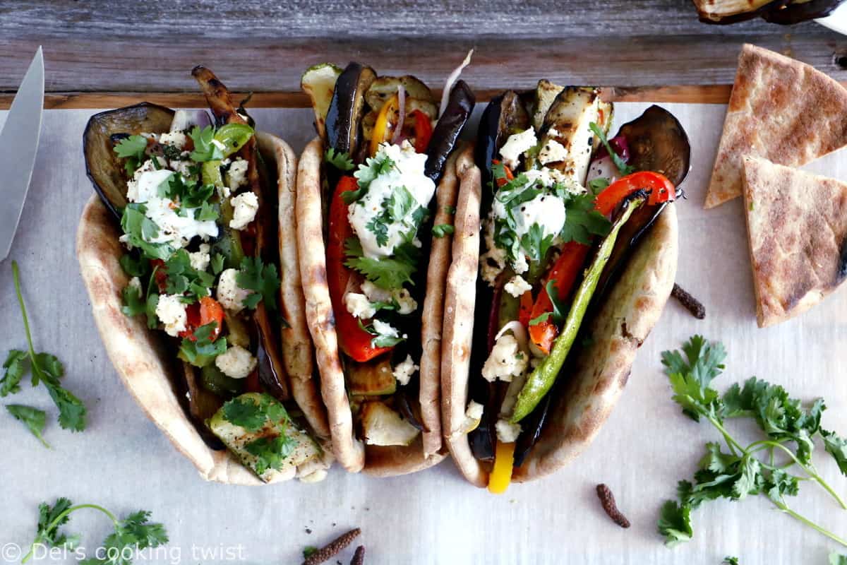These Grilled Veggie Gyros with Feta-Yogurt Dip are a quick vegetarian version of the popular Greek sandwich made with pita bread.