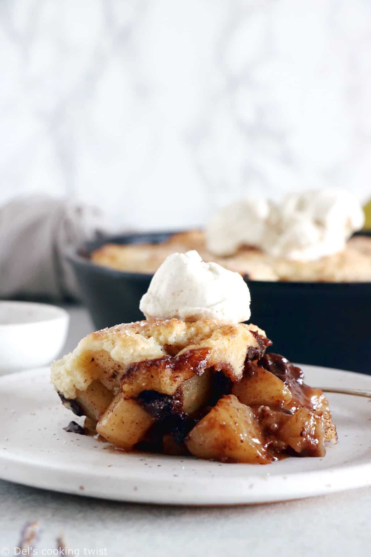 Spiced Chocolate Pear Cobbler is a beautiful dessert featuring dropped biscuit and seasonal fruits coated with a mix of warm Autumn spices and dark chocolate.
