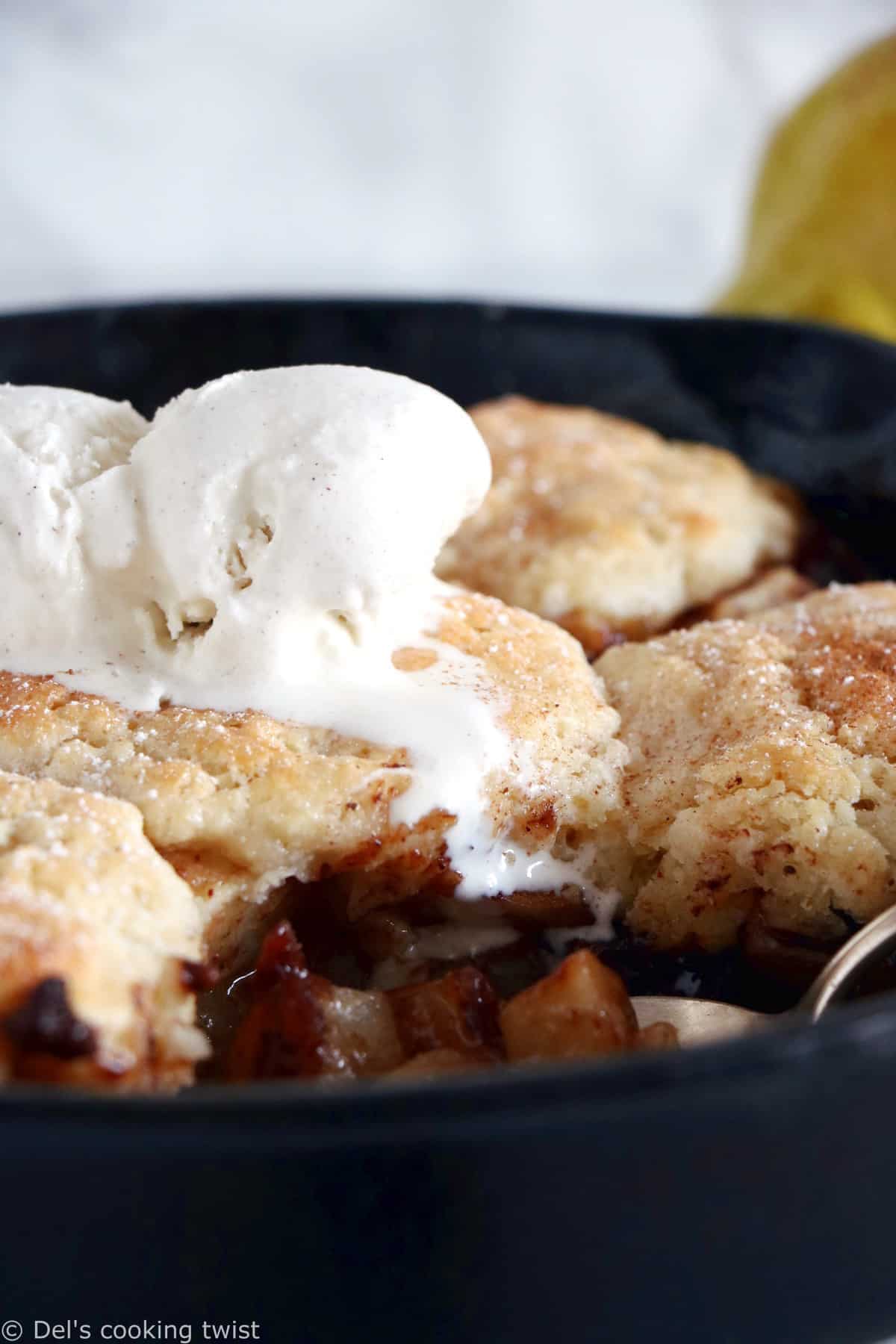 Spiced Chocolate Pear Cobbler is a beautiful dessert featuring dropped biscuit and seasonal fruits coated with a mix of warm Autumn spices and dark chocolate.