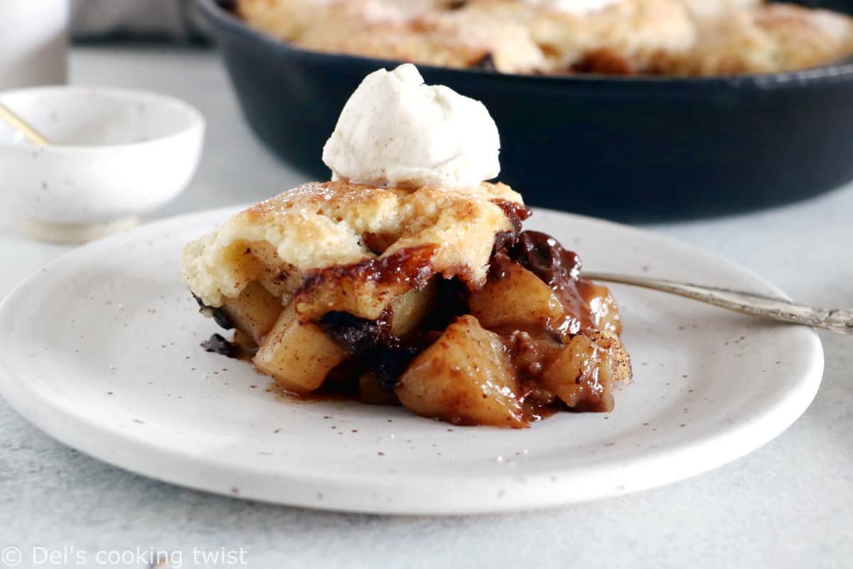 Spiced Chocolate Pear Cobbler is a beautiful dessert featuring dropped biscuit and seasonal fruits coated with a mix of warm Autumn spices and dark chocolate.