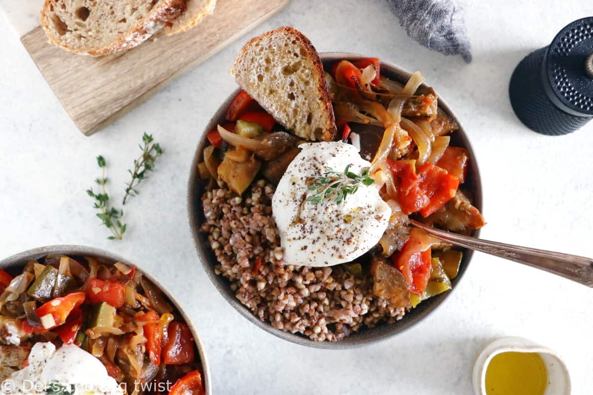 This French ratatouille bowl with buckwheat and burrata cheese makes a wholesome and satisfying meal.