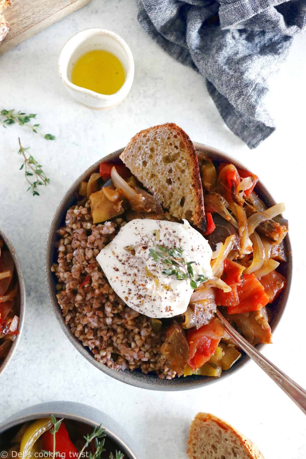 This French ratatouille bowl with buckwheat and burrata cheese makes a wholesome and satisfying meal.