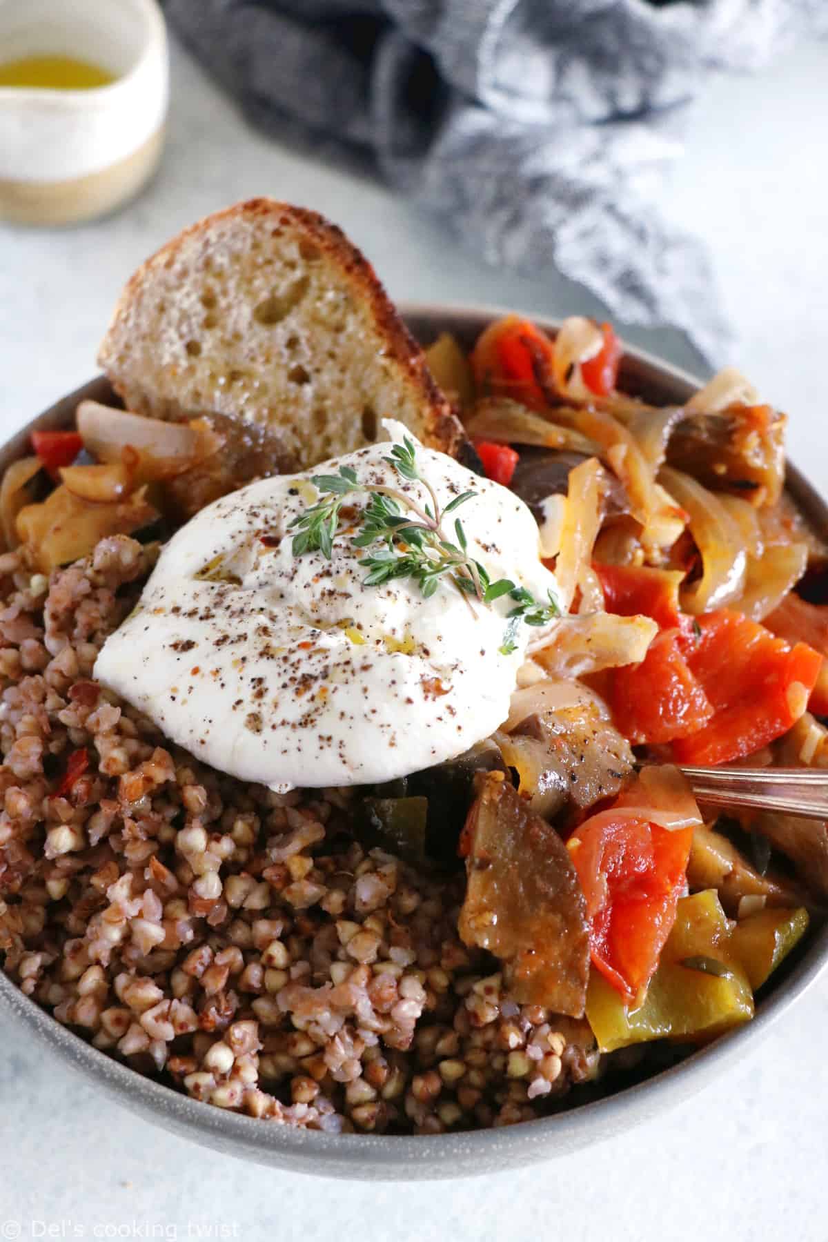 This French ratatouille bowl with buckwheat and burrata cheese makes a wholesome and satisfying meal.