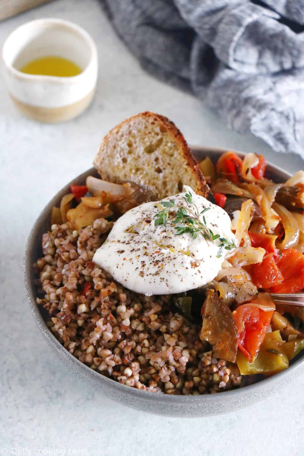 This French ratatouille bowl with buckwheat and burrata cheese makes a wholesome and satisfying meal.