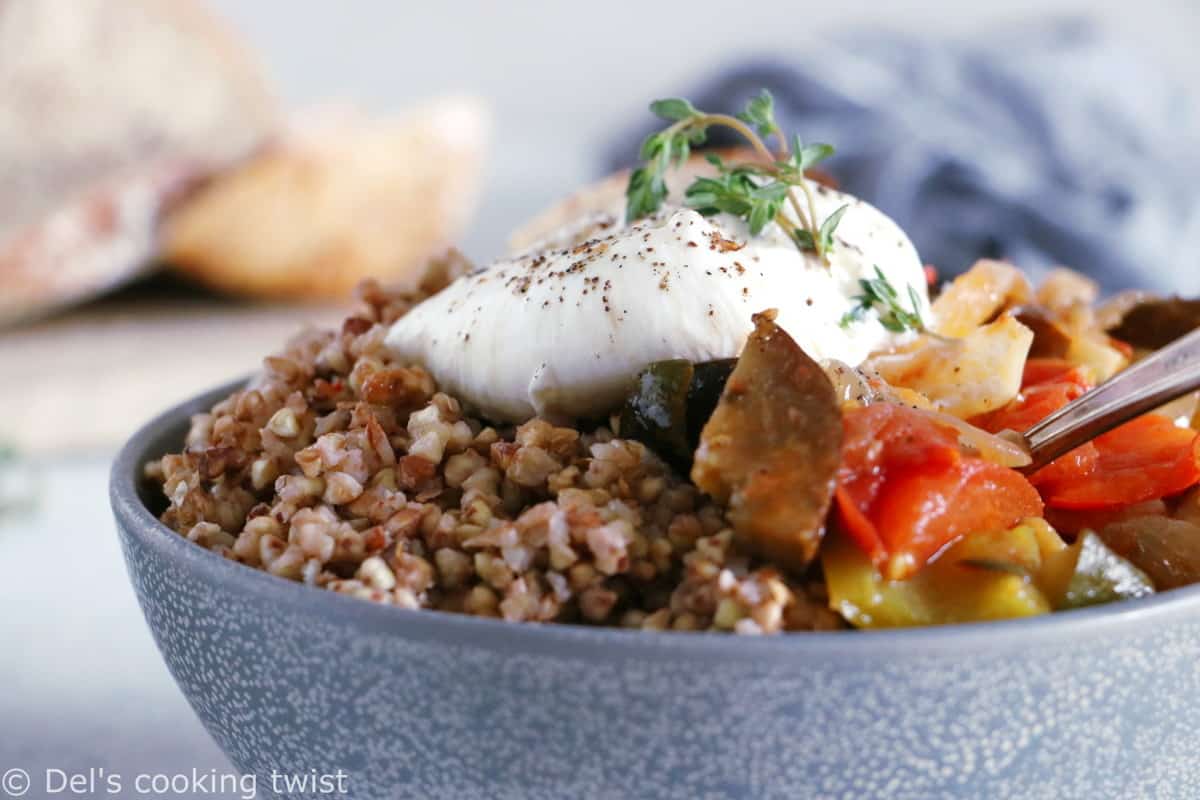 This French ratatouille bowl with buckwheat and burrata cheese makes a wholesome and satisfying meal.