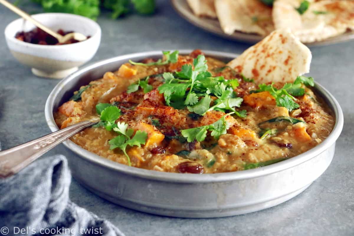 This Vegan Indian Mango Butternut Squash Curry features a creamy mango curry sauce, diced butternut squash, all wrapped in some delicious warm spices.